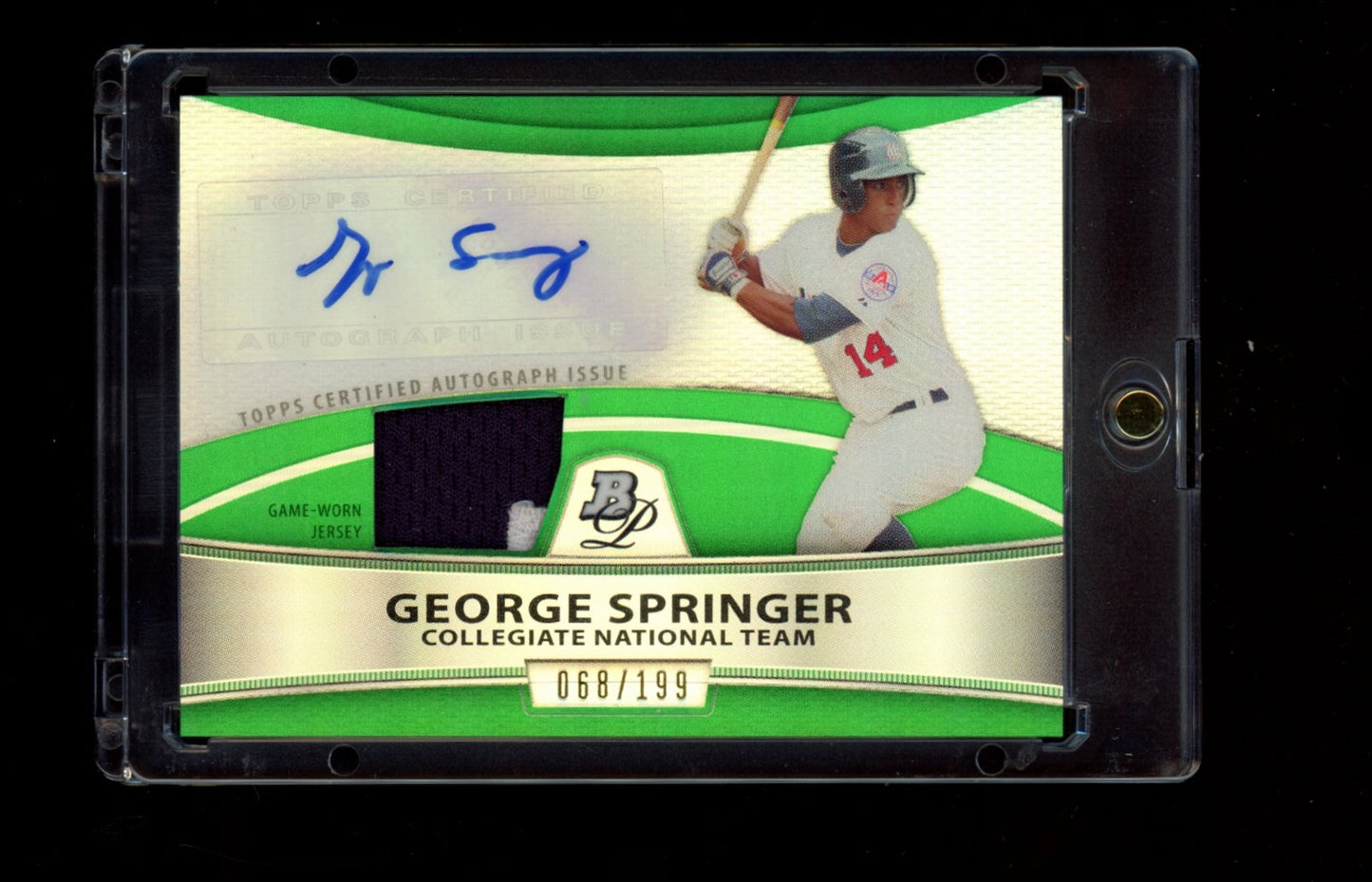 2010 Bowman Platinum #PAR-GS George Springer Relic Auto Green Refractors #/199