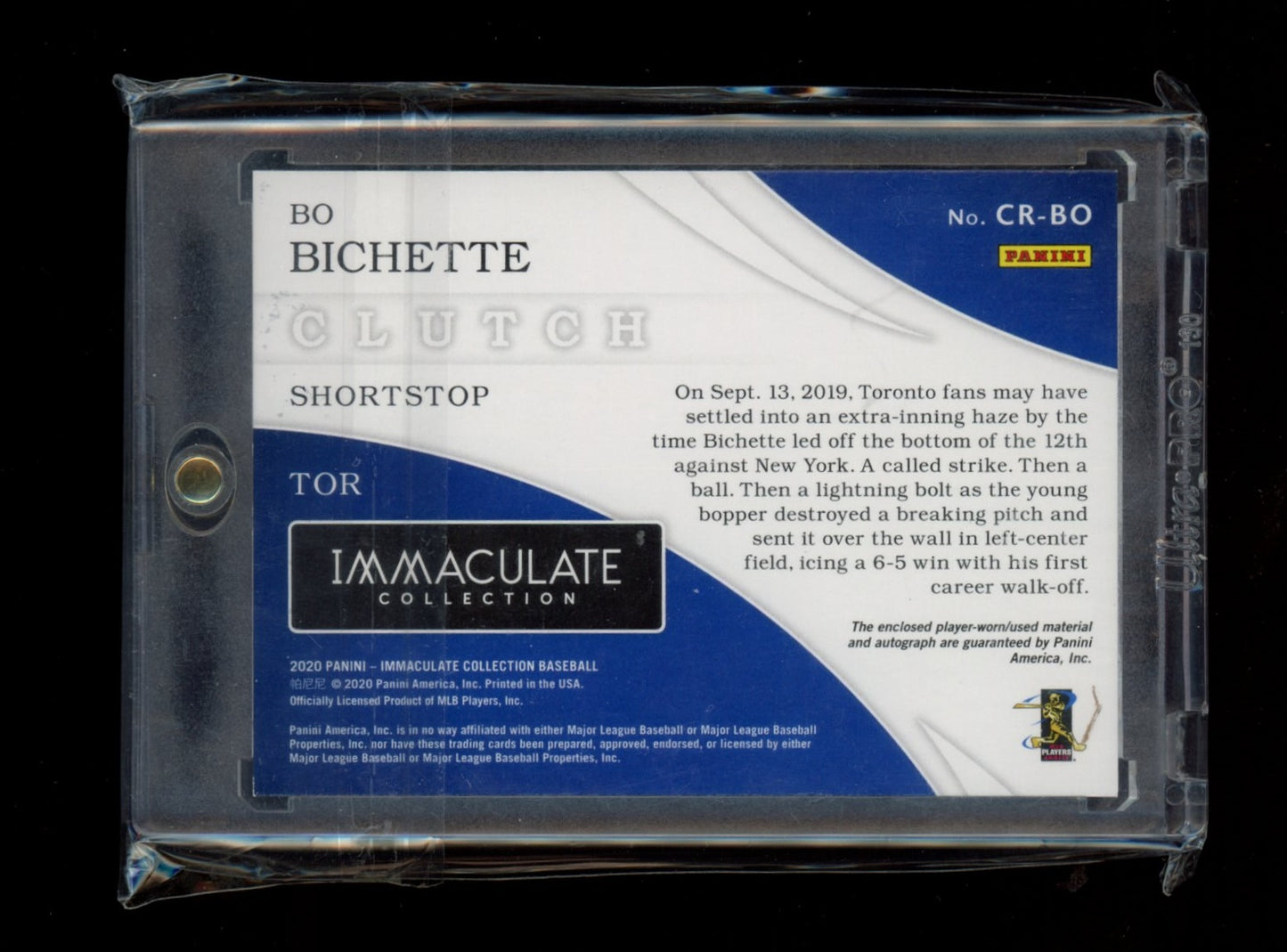 2020 Panini Immaculate Collection #CR-BO Bo Bichette Clearly Clutch Rookies #/98
