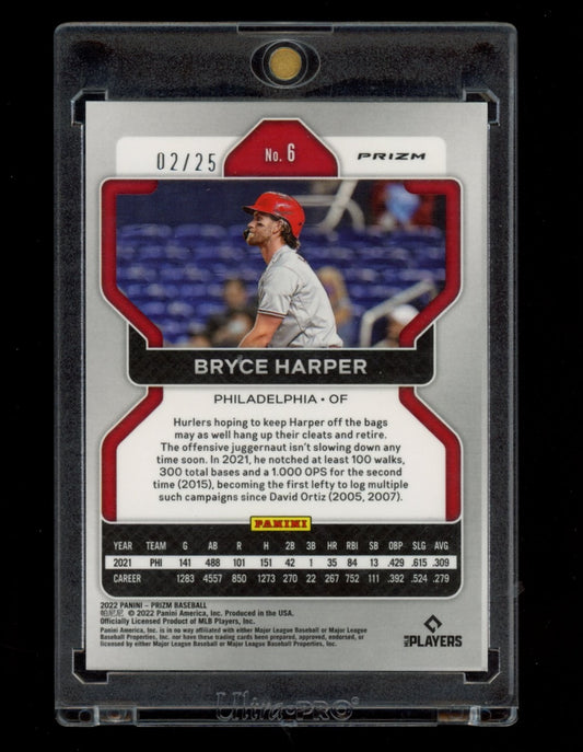 2022 Panini Prizm #6 Bryce Harper Burgundy Cracked Ice #/25