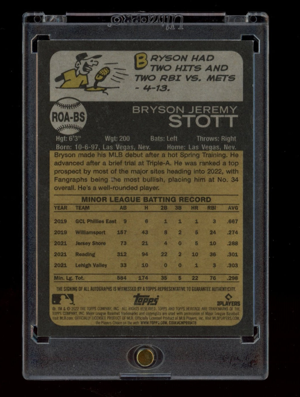2022 Topps Heritage #ROA-BS Bryson Stott Real One Auto Red Ink #/73
