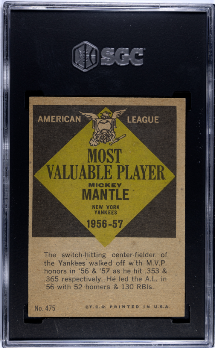 1961 Topps #475 Mickey Mantle Mvp SGC 1