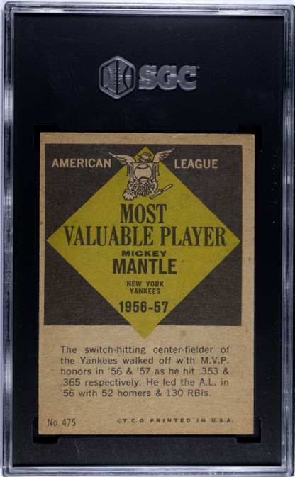 1961 Topps #475 Mickey Mantle Mvp SGC 1