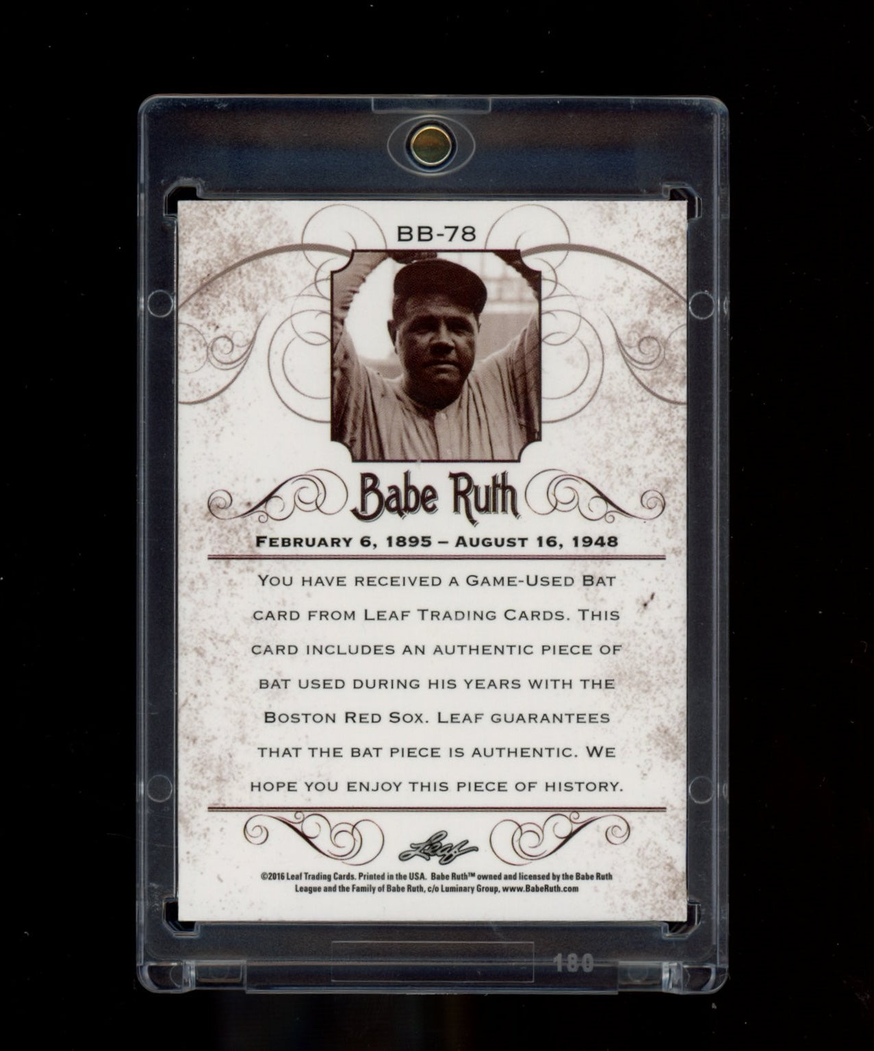 2016 Leaf Babe Ruth Collection #BB-78 Babe Ruth Game-Used Boston Bat Silver #/3