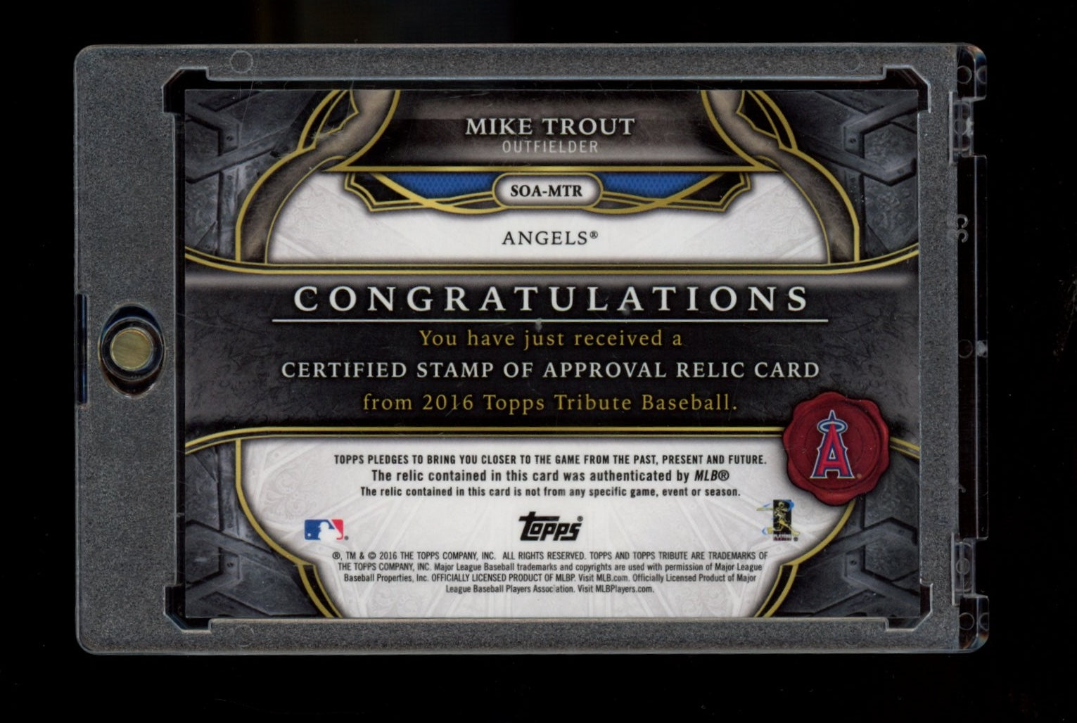 2016 Topps Tribute #SOA-MTR Mike Trout Stamp of Approval Relics Green #/99