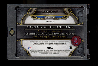 2016 Topps Tribute #SOA-MTR Mike Trout Stamp of Approval Relics Green #/99