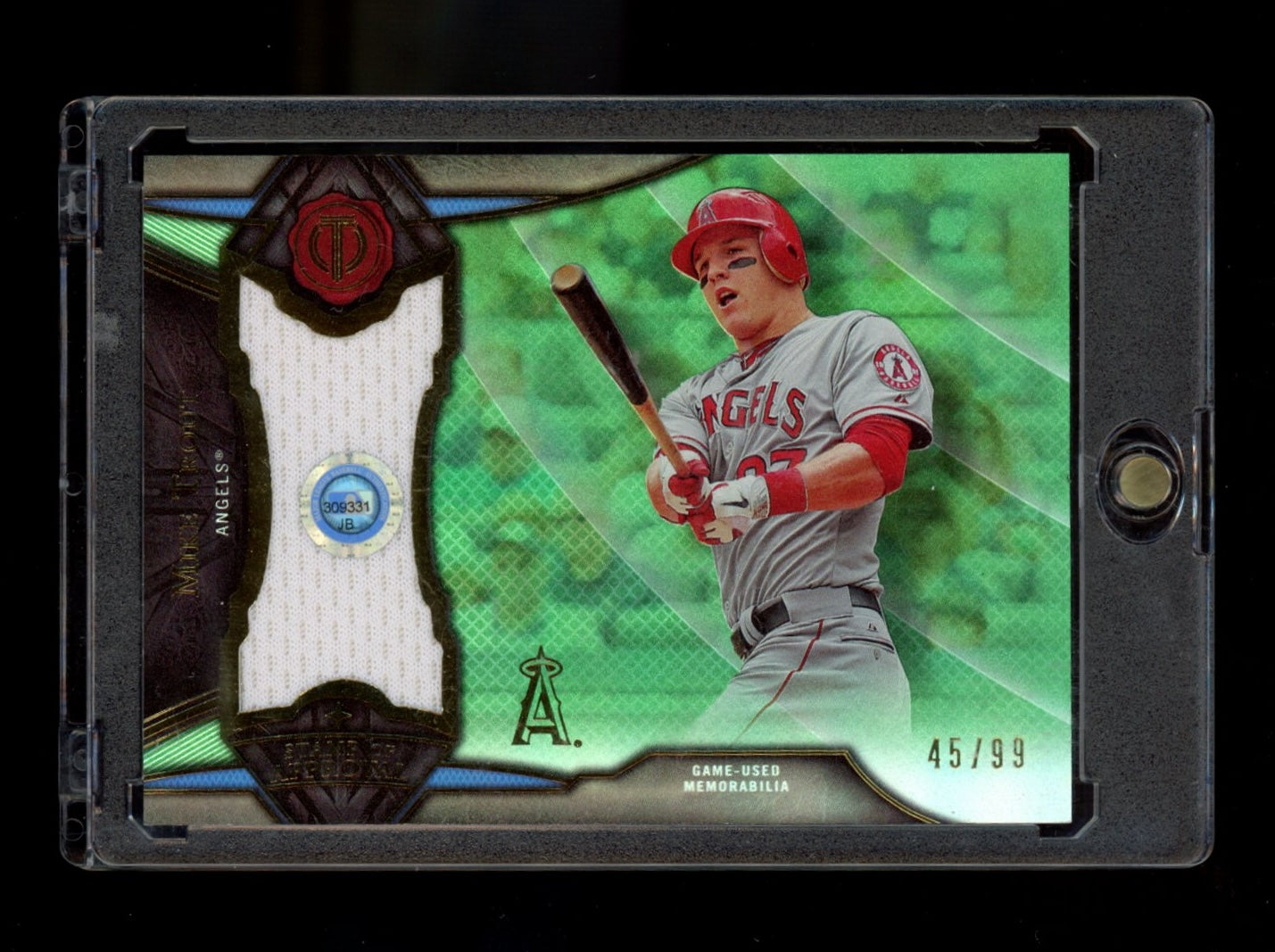 2016 Topps Tribute #SOA-MTR Mike Trout Stamp of Approval Relics Green #/99
