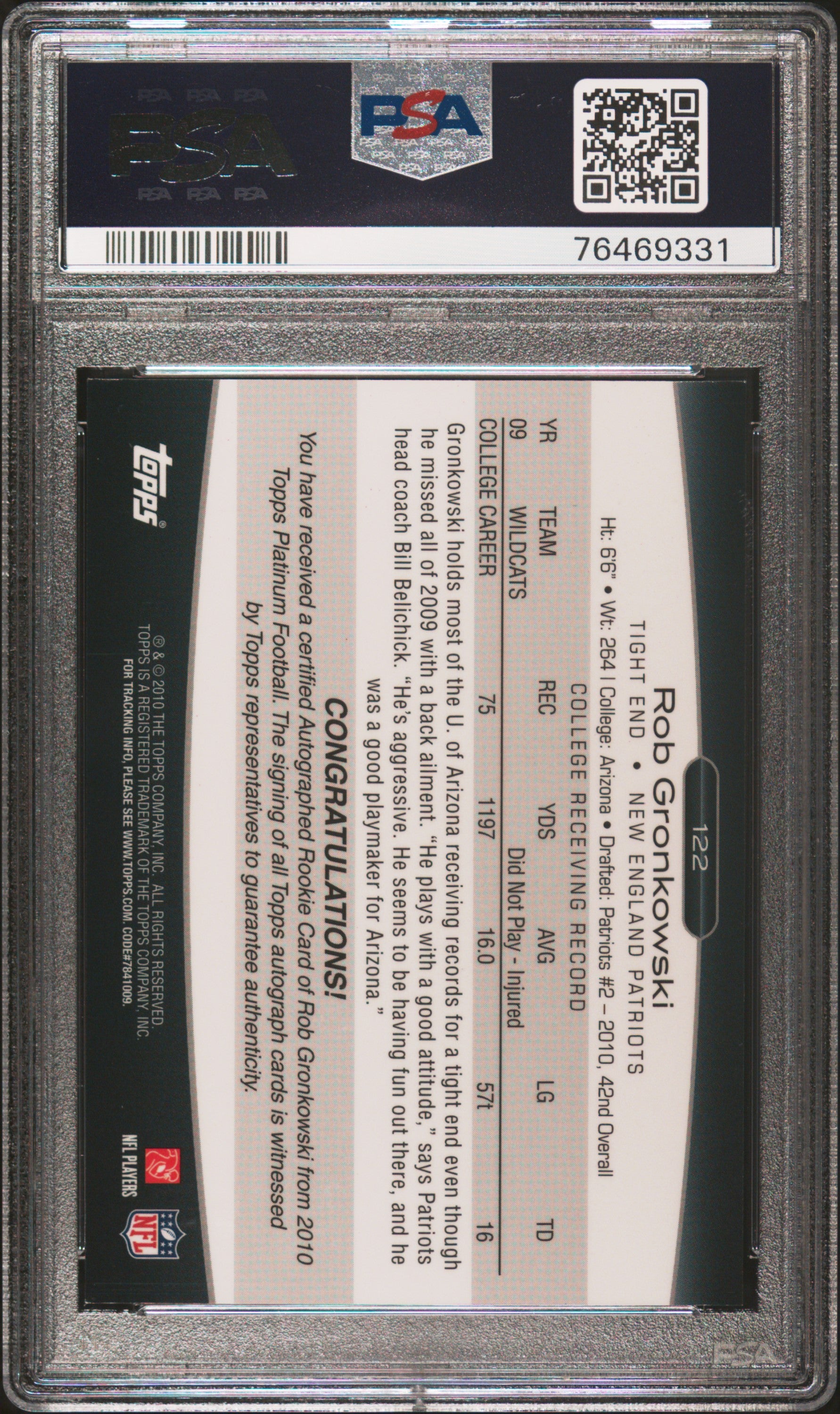 2010 Topps Platinum #122 Rob Gronkowski Autograph PSA 8
