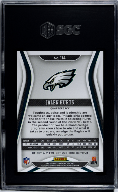 2020 Panini Certified #114 Jalen Hurts Mirror Green SGC 10 /5 JERSEY #
