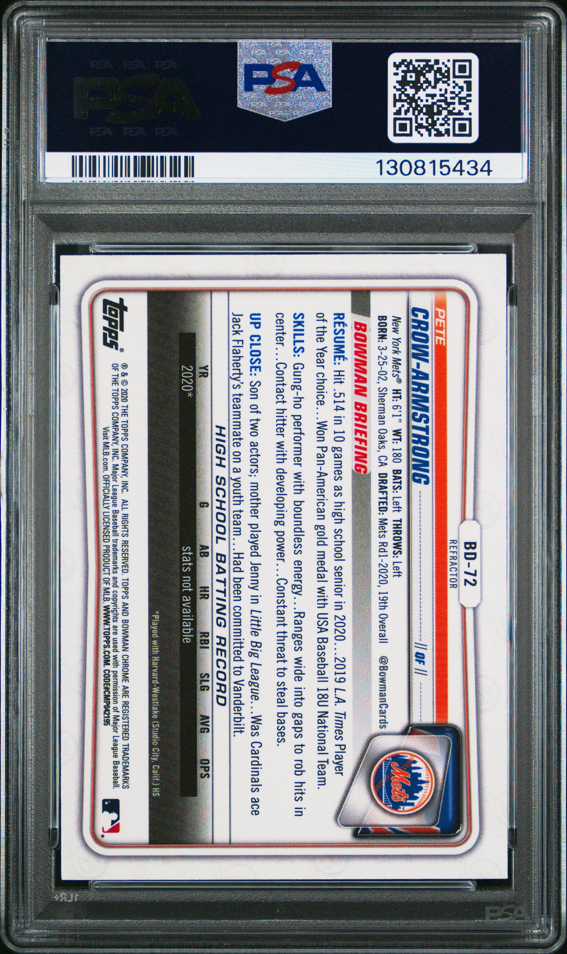2020 Bowman Draft #BD72 P.Crow-Armstrong Chrome-Refractor PSA 10