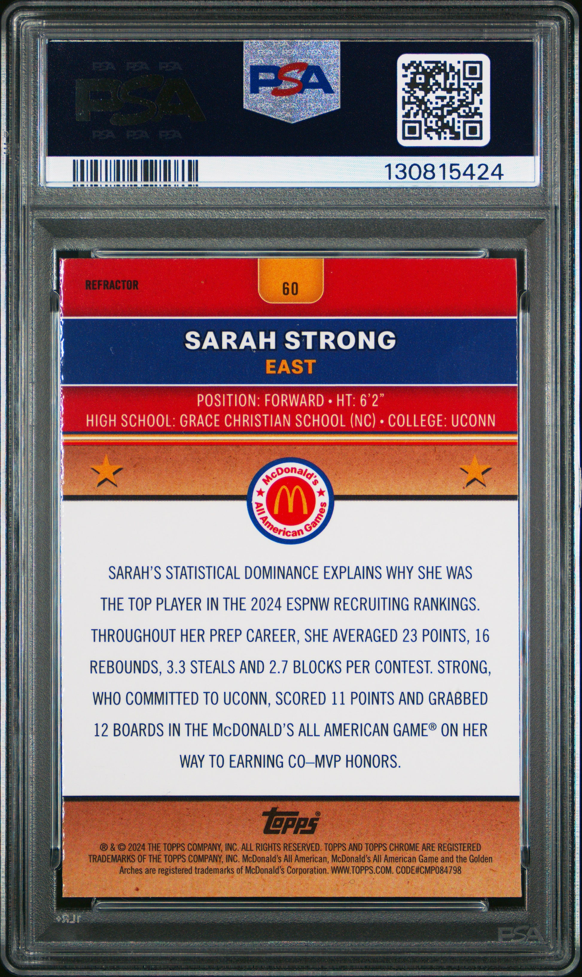 2024 Topps Chrome Mcdonald'S All American #60 Sarah Strong Refractor PSA 10