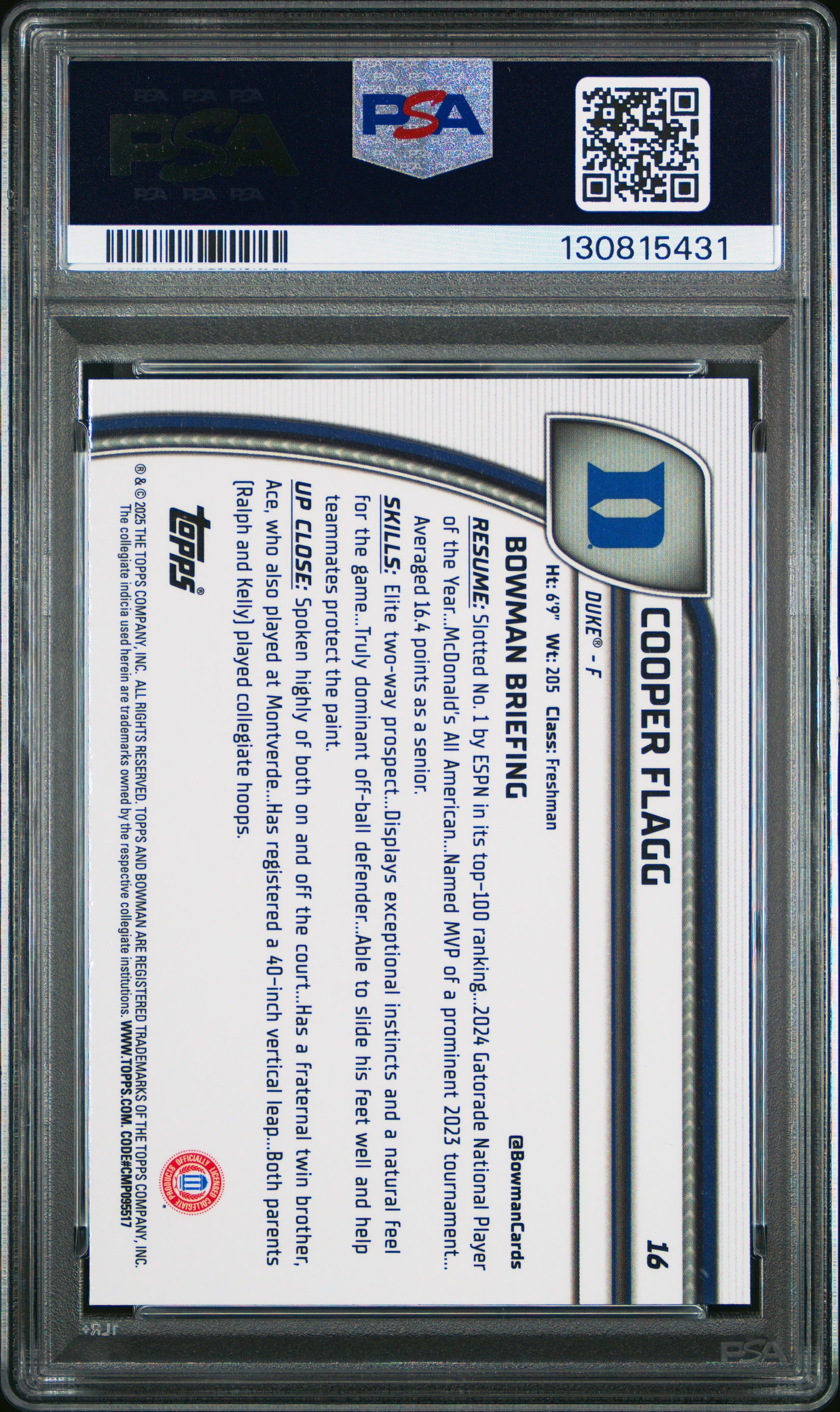 2024 Bowman Chrome University #16 Cooper Flagg PSA 10