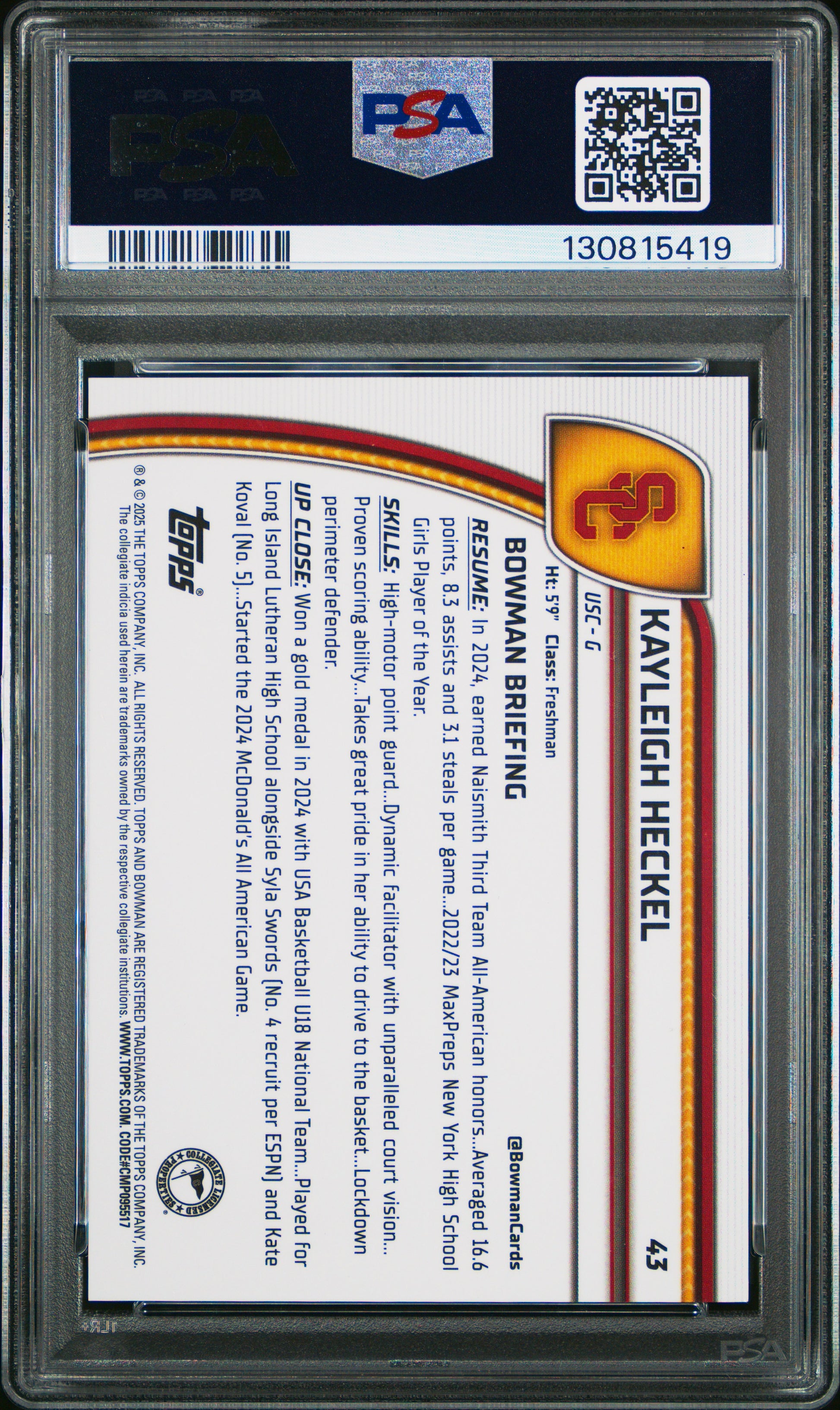 2024 Bowman University Chrome Sapphire #43 Kayleigh Heckel Gold PSA 10
