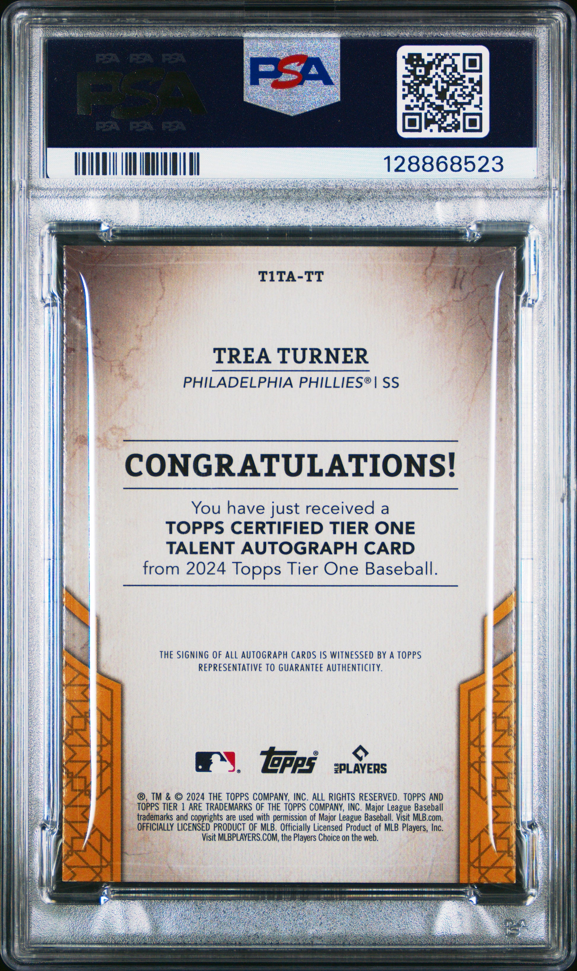 2024 Topps Tier One Tier One Talent #TT Trea Turner auto-Red Foil PSA 7