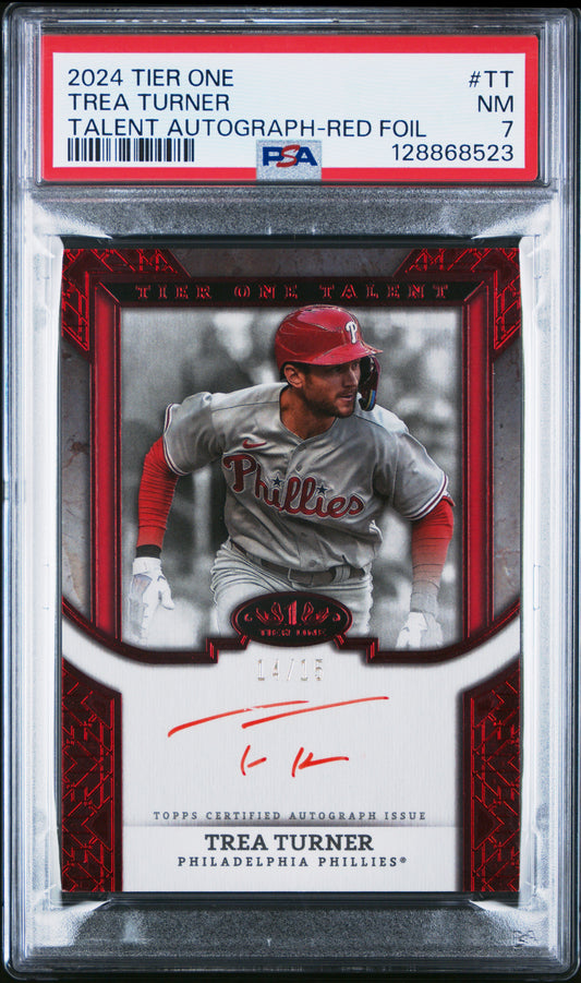 2024 Topps Tier One Tier One Talent #TT Trea Turner auto-Red Foil PSA 7
