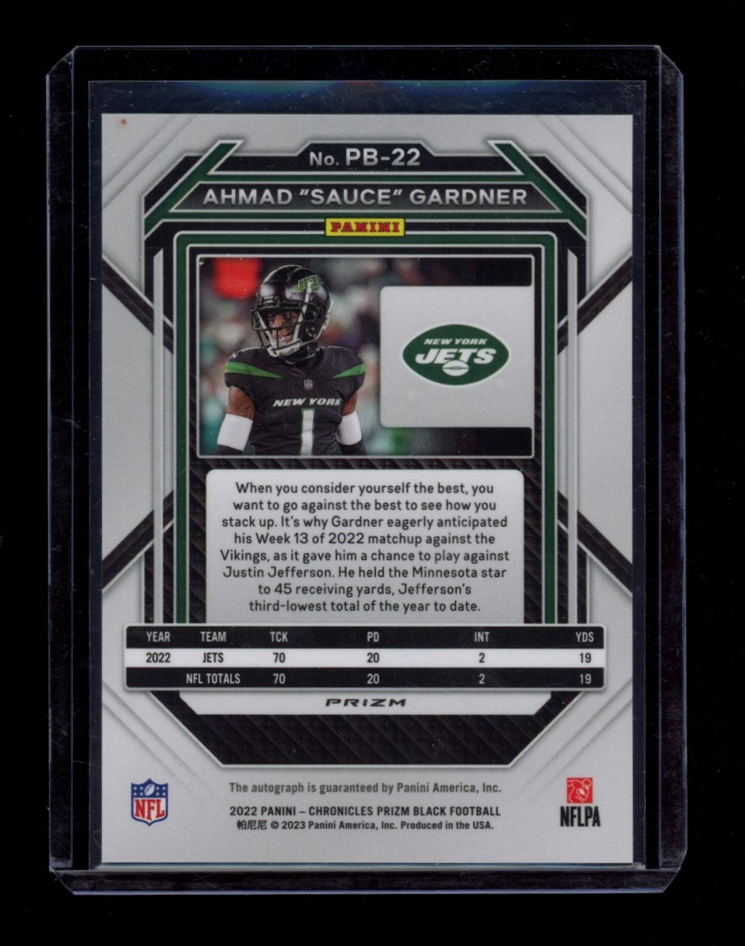 2022 Panini Chronicles #PB-22 Ahmad "Sauce" Gardner Prizm Black Signatures