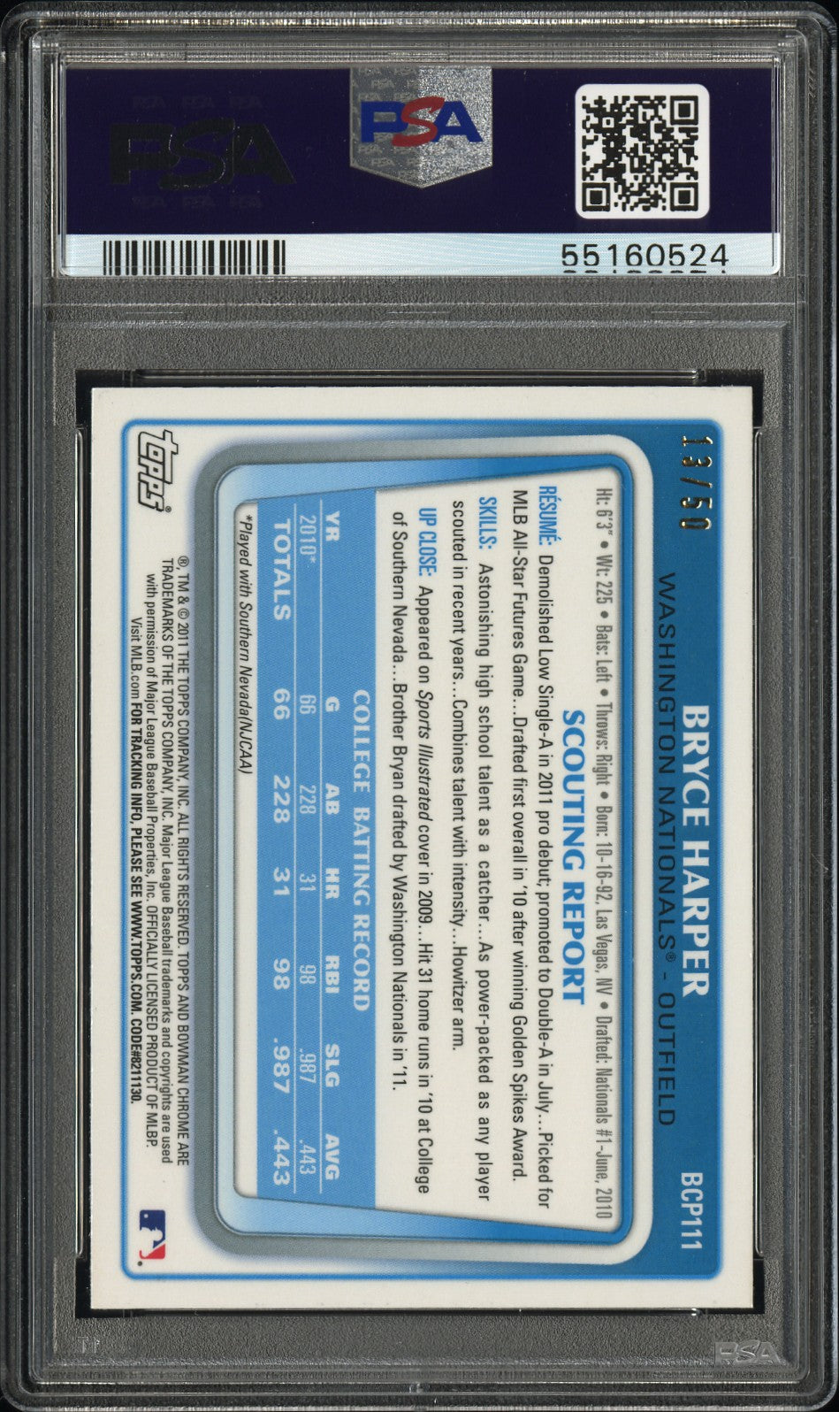 2011 Bowman Chrome Prospects #BCP111 Bryce Harper Prospects-Gold Ref. PSA 8