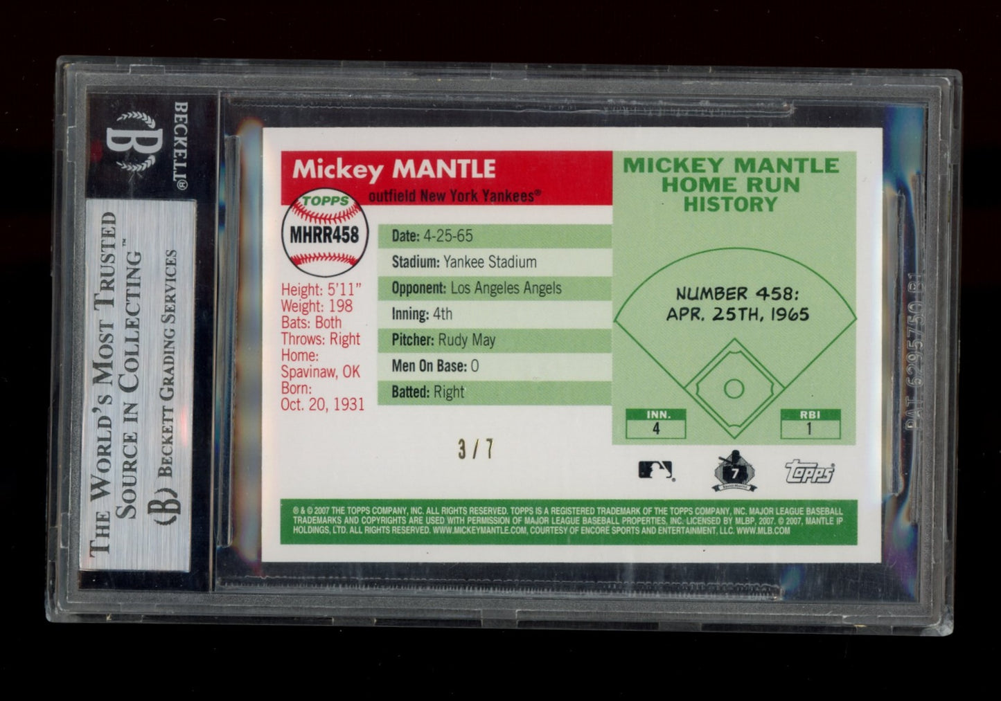 2006 Topps Mantle Home Run History Bat Relics #R458 Mickey Mantle BGS 9.0