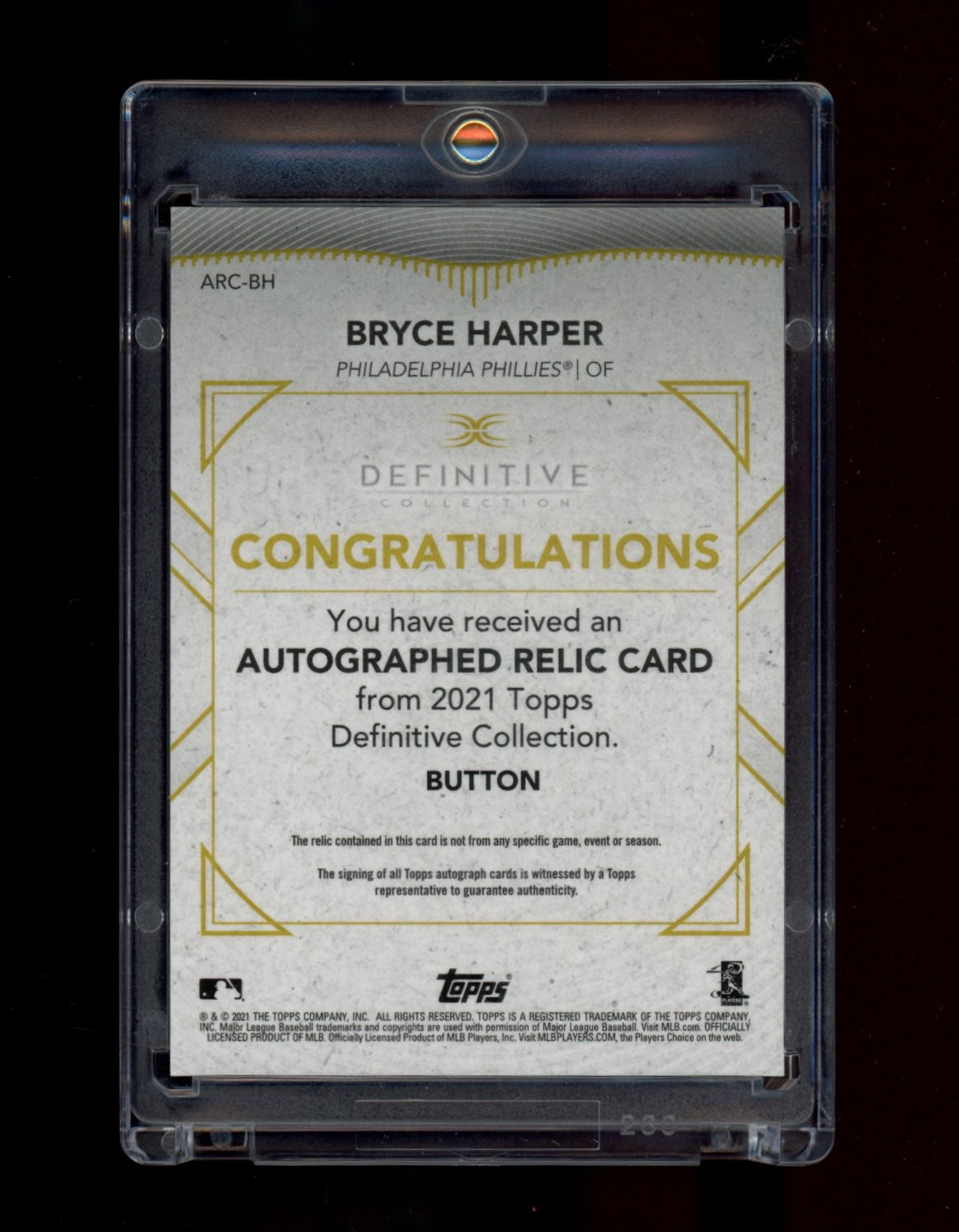 2021 Topps Definitive -Auto  Relic Collection Button #ARC-BH Bryce Harper #/1