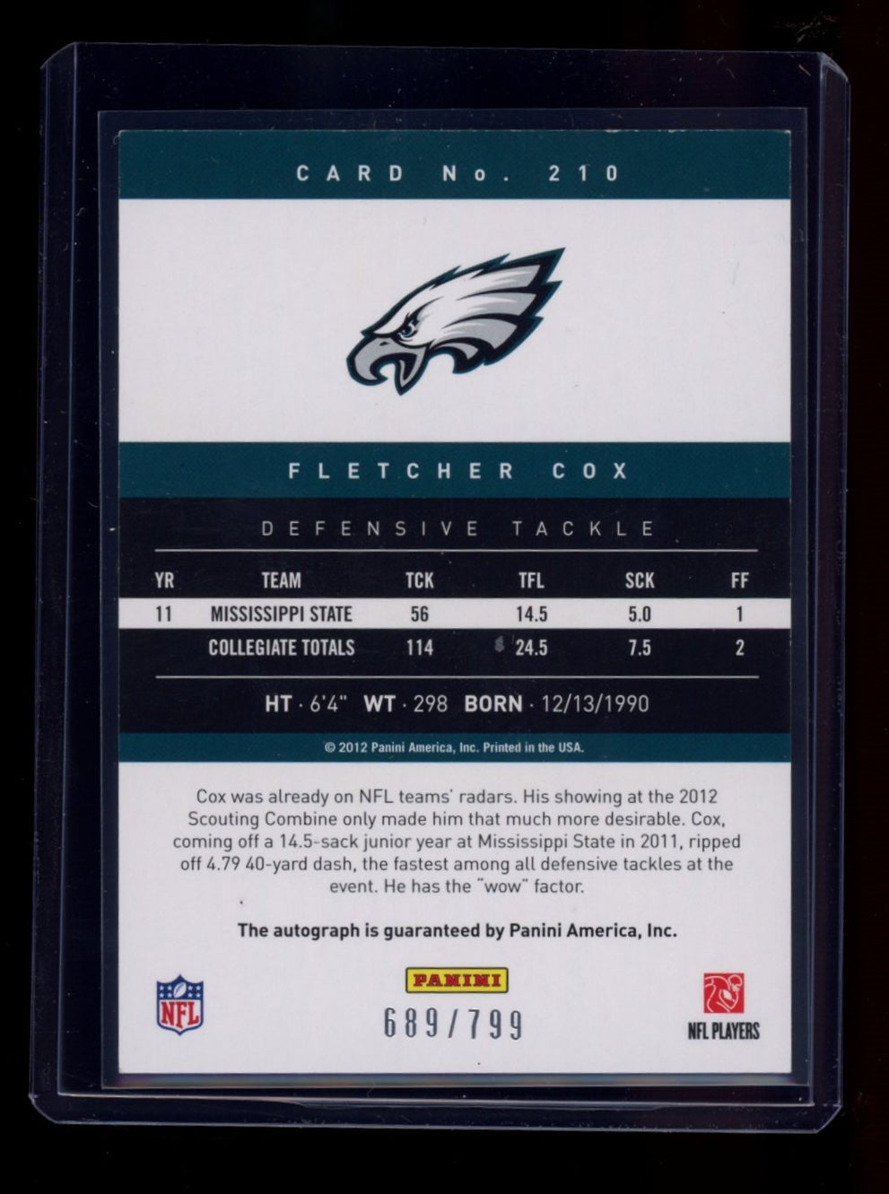 2012 Panini Prestige #210 Fletcher Cox Rookie Autographs #/799