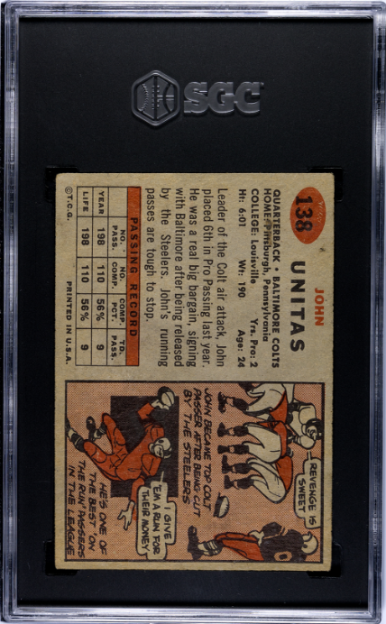 1957 Topps #138 John Unitas SGC 2