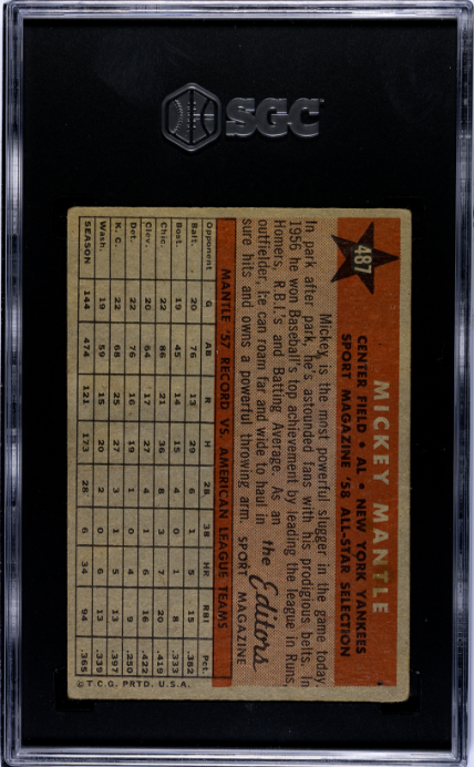 1958 Topps #487 Mickey Mantle All-Star SGC 3
