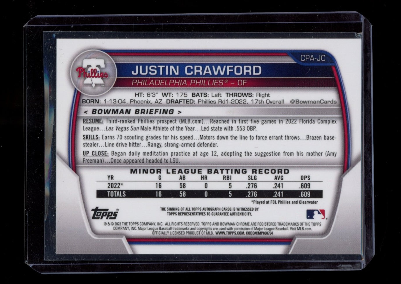 2023 Bowman #CPA-JC Justin Crawford Chrome Prospect Autographs