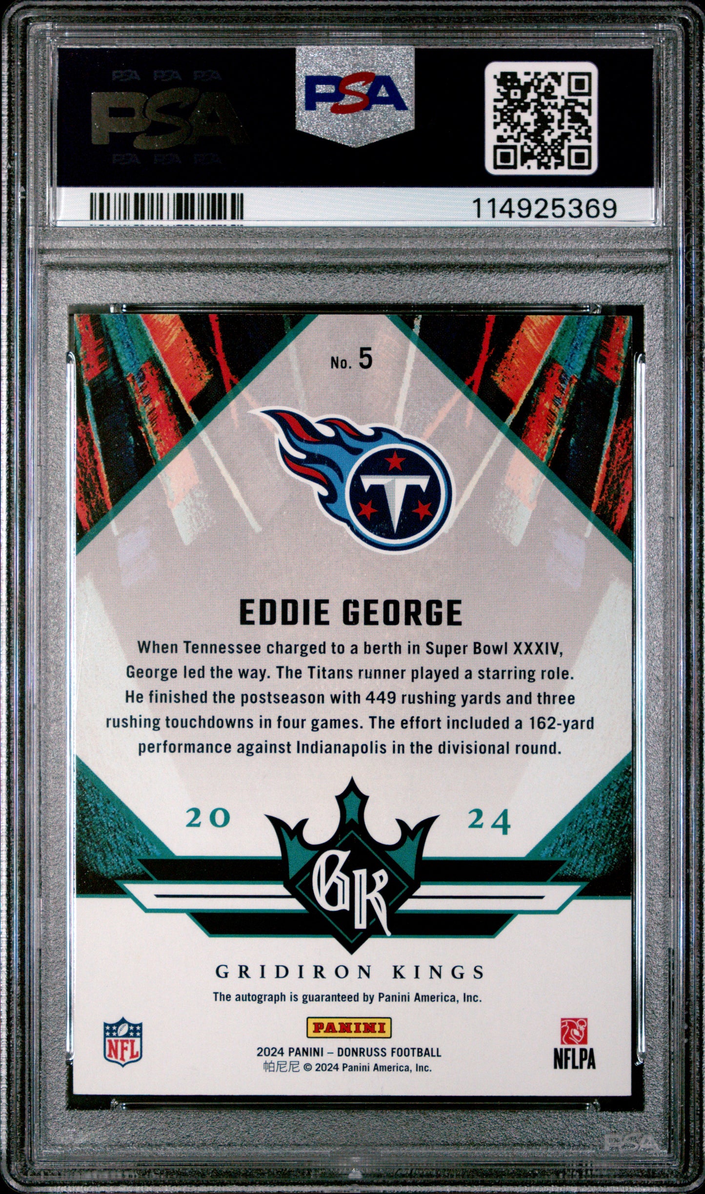 2024 Panini Donruss  Gridiron Kings Auto #5 Eddie George PSA 10 /49