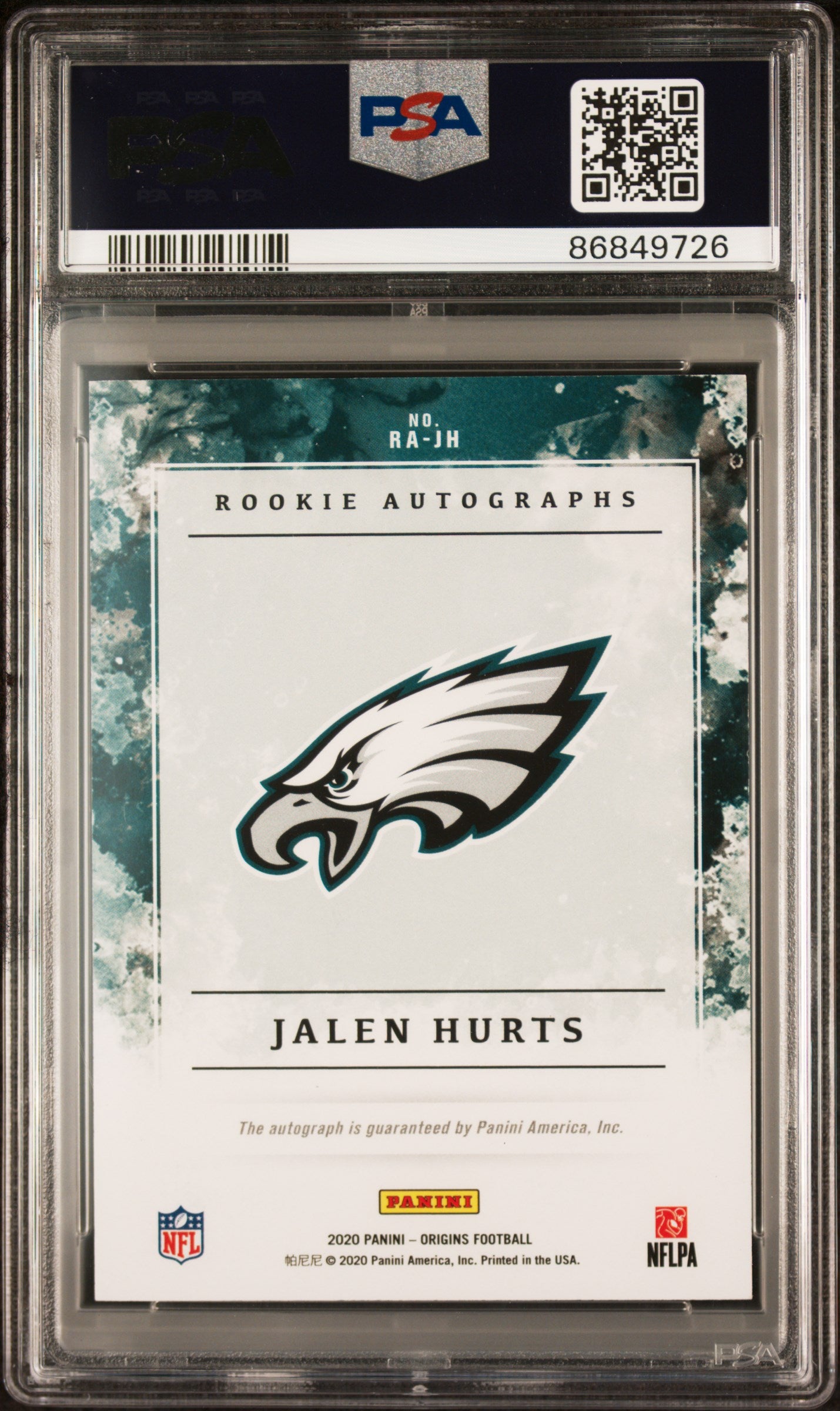 2020 Panini Origins Rookie Autographs #RAJH Jalen Hurts Rookie Autographs PSA 10