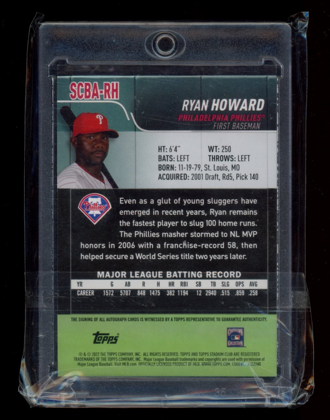2022 Stadium Club #SCBA-RH Ryan Howard Autographs