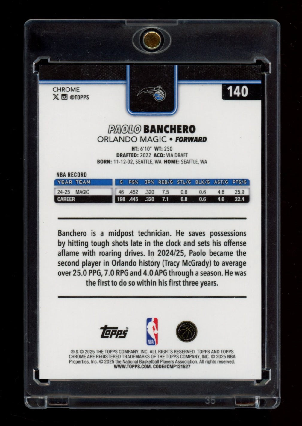2025-26 Topps Chrome #140 Paolo Banchero Black RayWave Refractor #/10