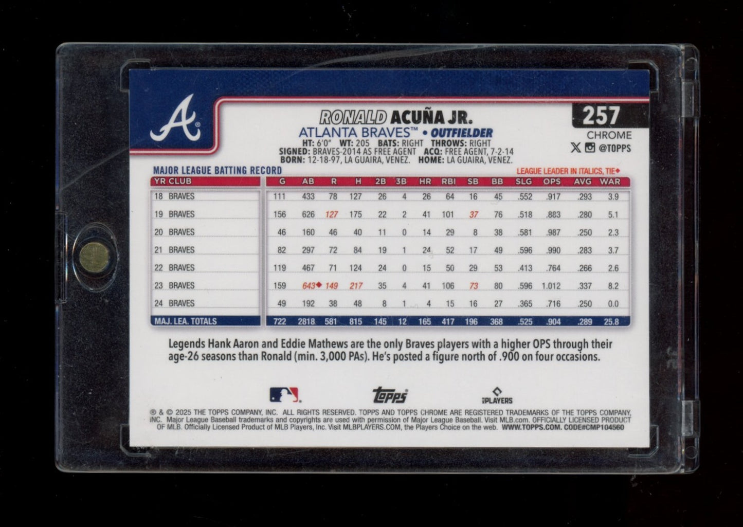 2025 Topps Chrome #257 Ronald Acuña Jr. Gold Speckle Refractors #/50