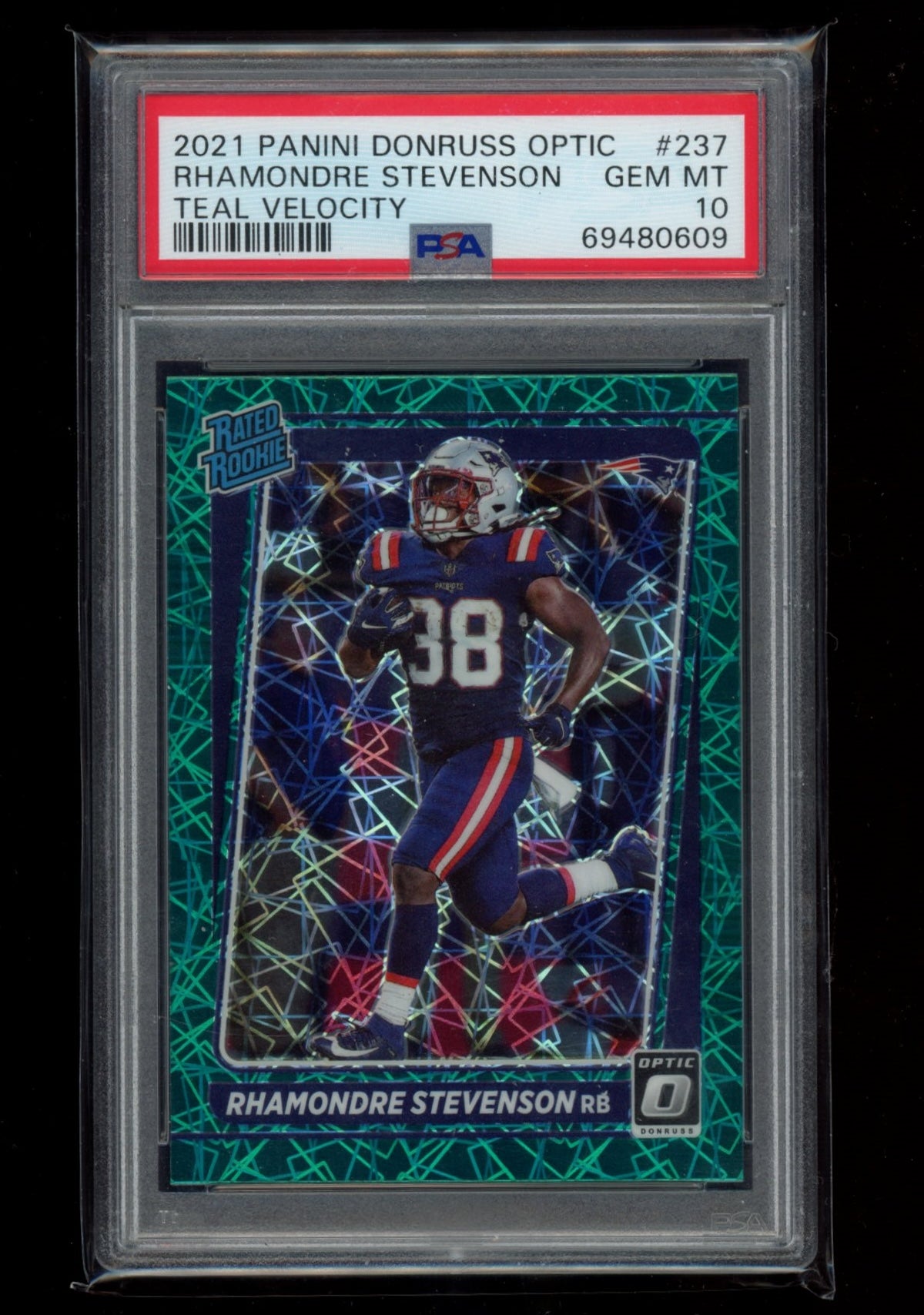 2021 Panini Donruss Optic #237 Rhamondre Stevenson Green Velocity PSA 10