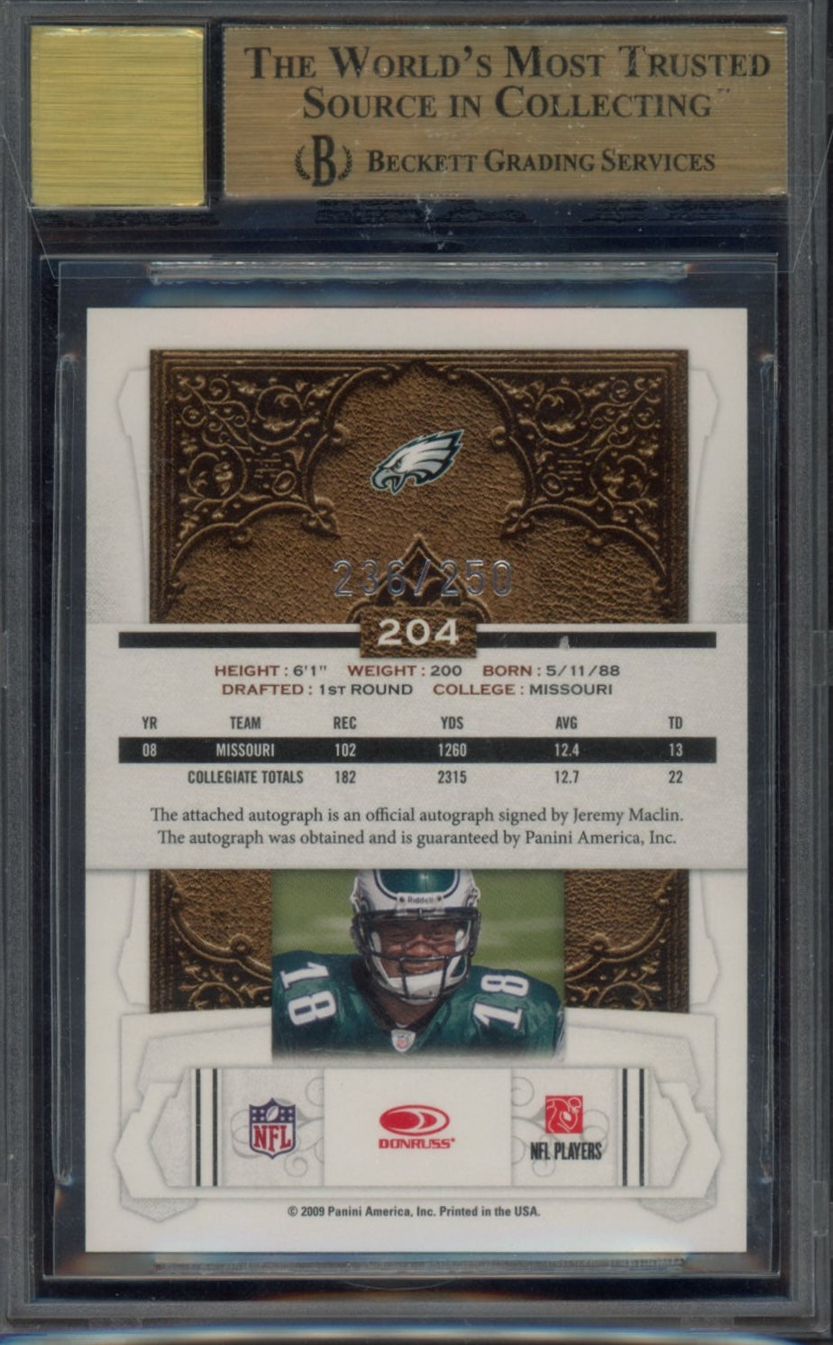 2009 Donruss Classics Significant Signatures Gold #204 Jeremy Maclin/250 BGS 9.5