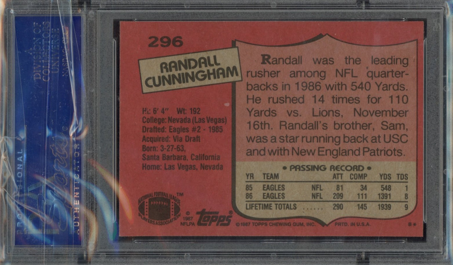 1987 Topps #296 Randall Cunningham PSA 9