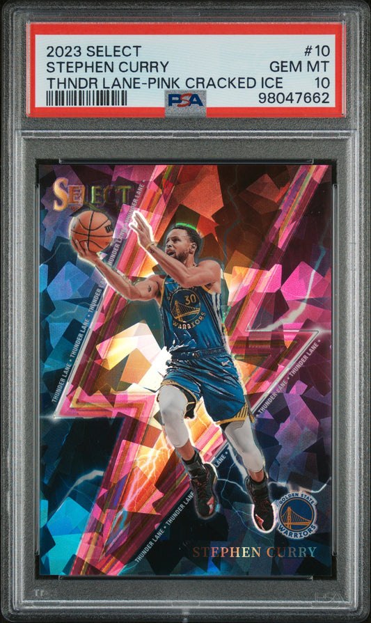 2023 Panini Select Thunder Lane #10 Stephen Curry Pink Cracked Ice /99 PSA 10