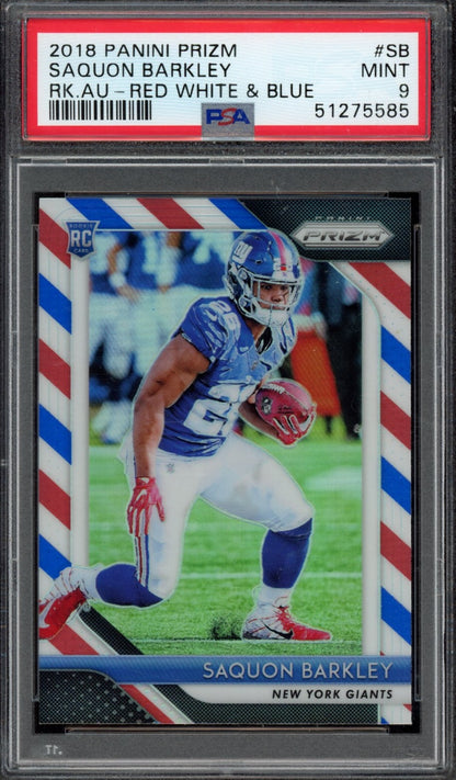 2018 Panini Prizm Rookie Autographs #SB Saquon Barkley rwb PSA 9