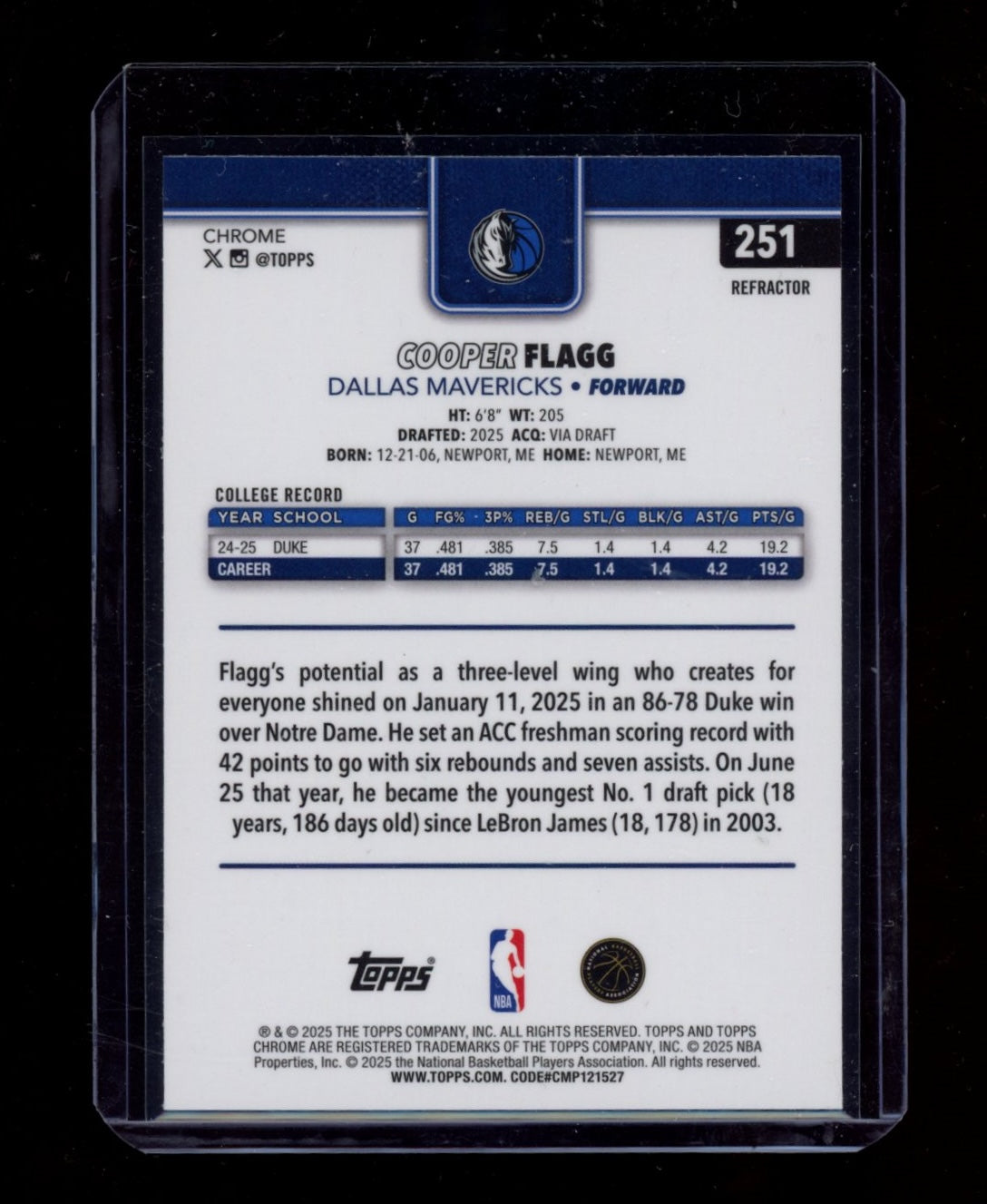 2025-26 Topps Chrome #251 Cooper Flagg Refractor