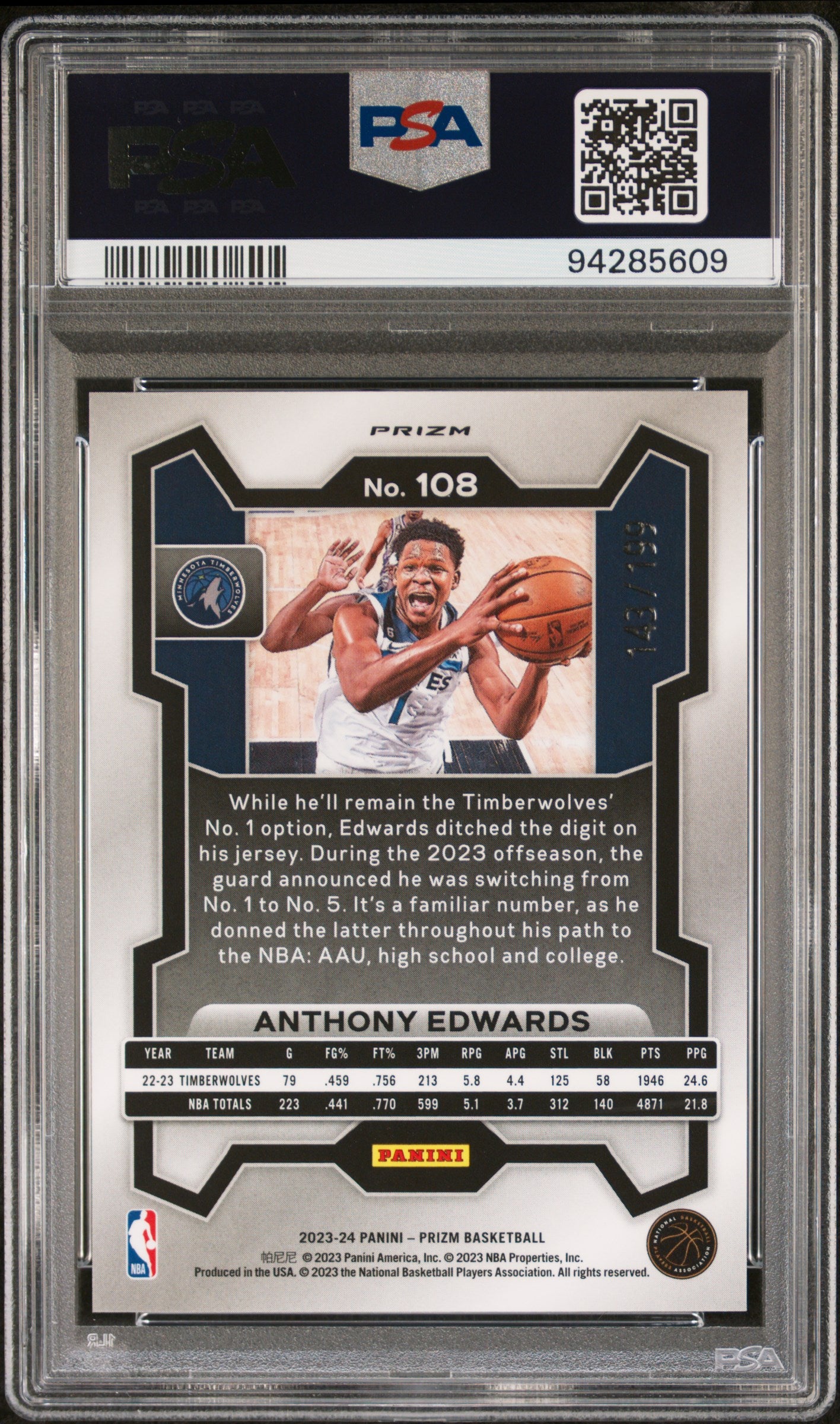 2023 Panini Prizm #108 Anthony Edwards Blue Prizm PSA 10
