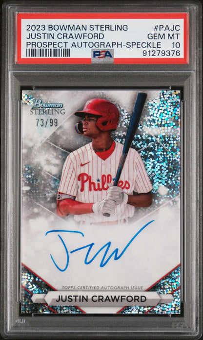 2023 Bowman Sterling Prospect #PAJC Justin Crawford Auto-Speckle Ref PSA 10