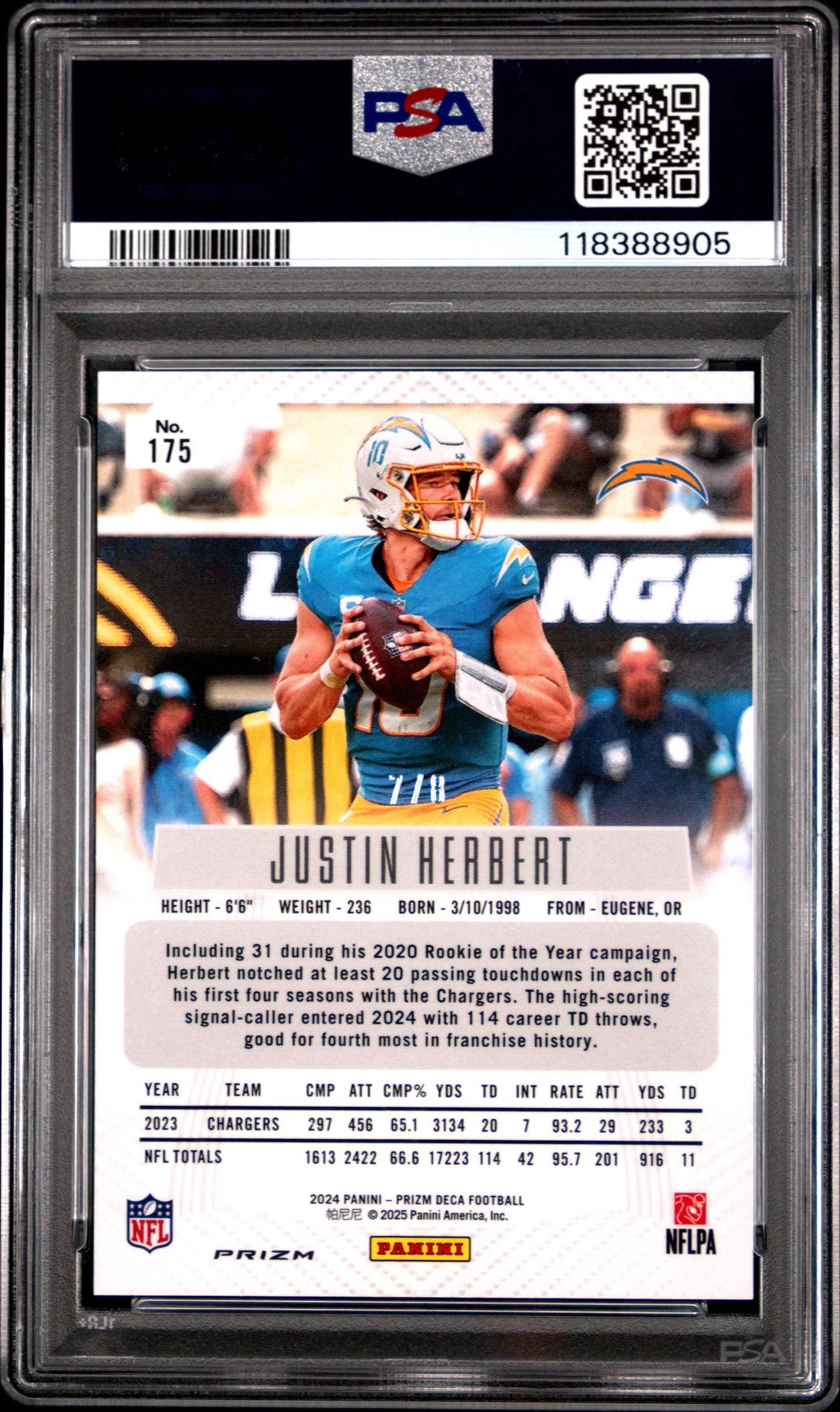 2024 Panini Prizm Deca #175 Justin Herbert Black Gold Shimmer Fotl PSA 9