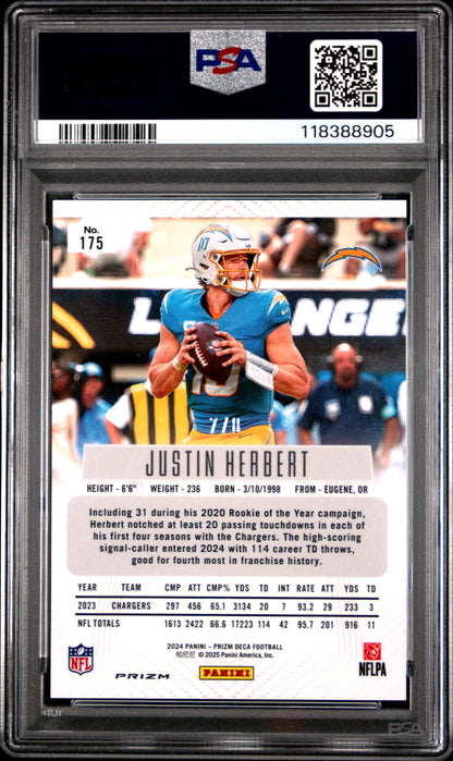 2024 Panini Prizm Deca #175 Justin Herbert Black Gold Shimmer Fotl PSA 9