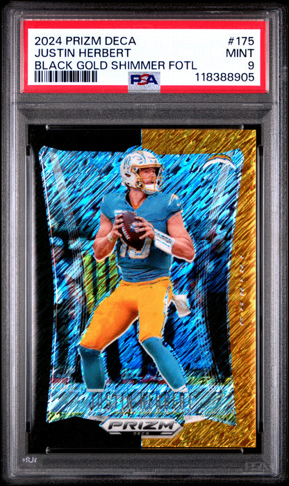 2024 Panini Prizm Deca #175 Justin Herbert Black Gold Shimmer Fotl PSA 9