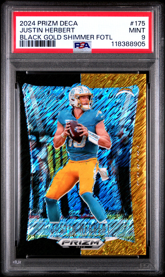 2024 Panini Prizm Deca #175 Justin Herbert Black Gold Shimmer Fotl PSA 9
