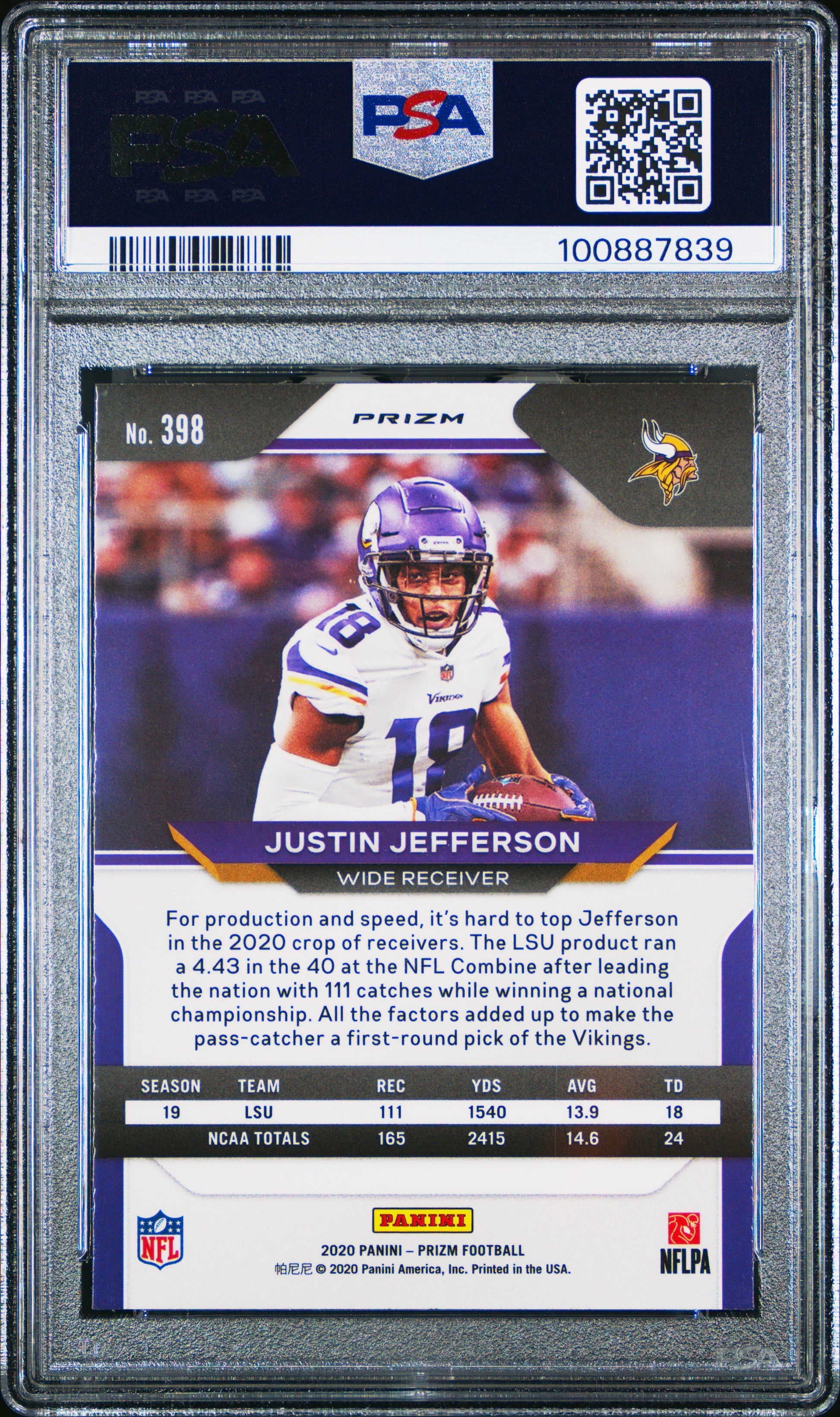 2020 Panini Prizm #398 Justin Jefferson Lazer Prizm PSA 10