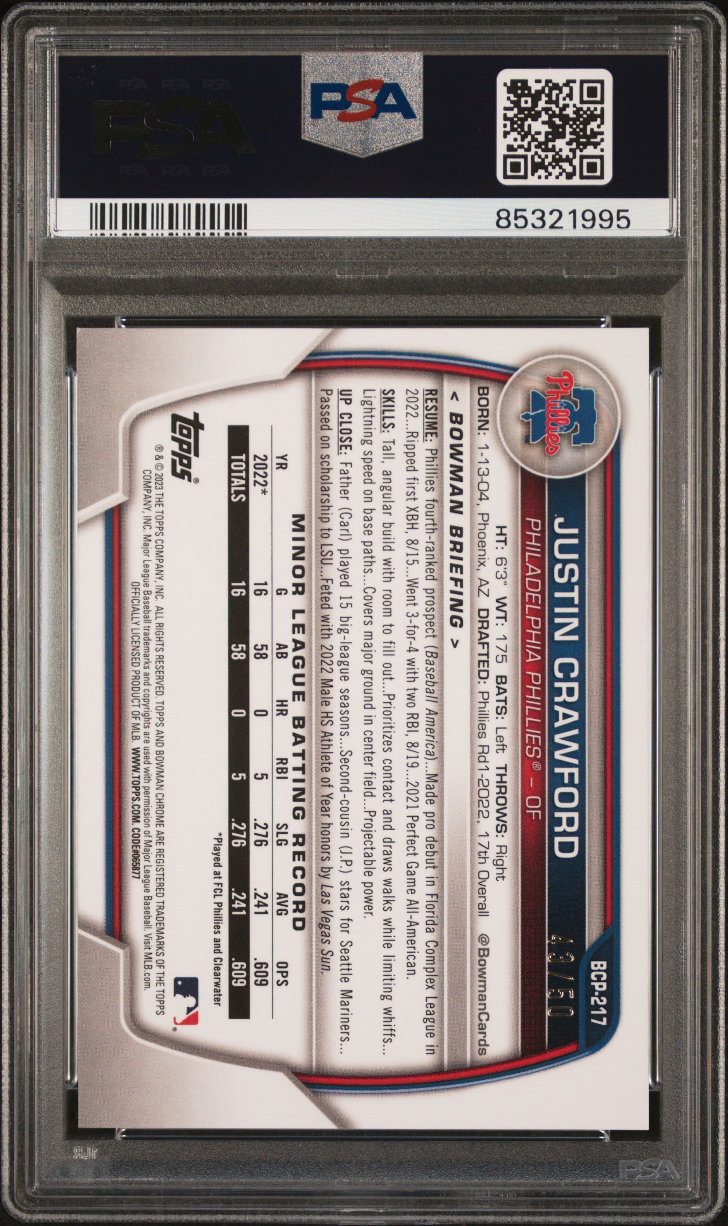 2023 Bowman Chrome #BCP217 Justin Crawford-Gold Refractor PSA 10
