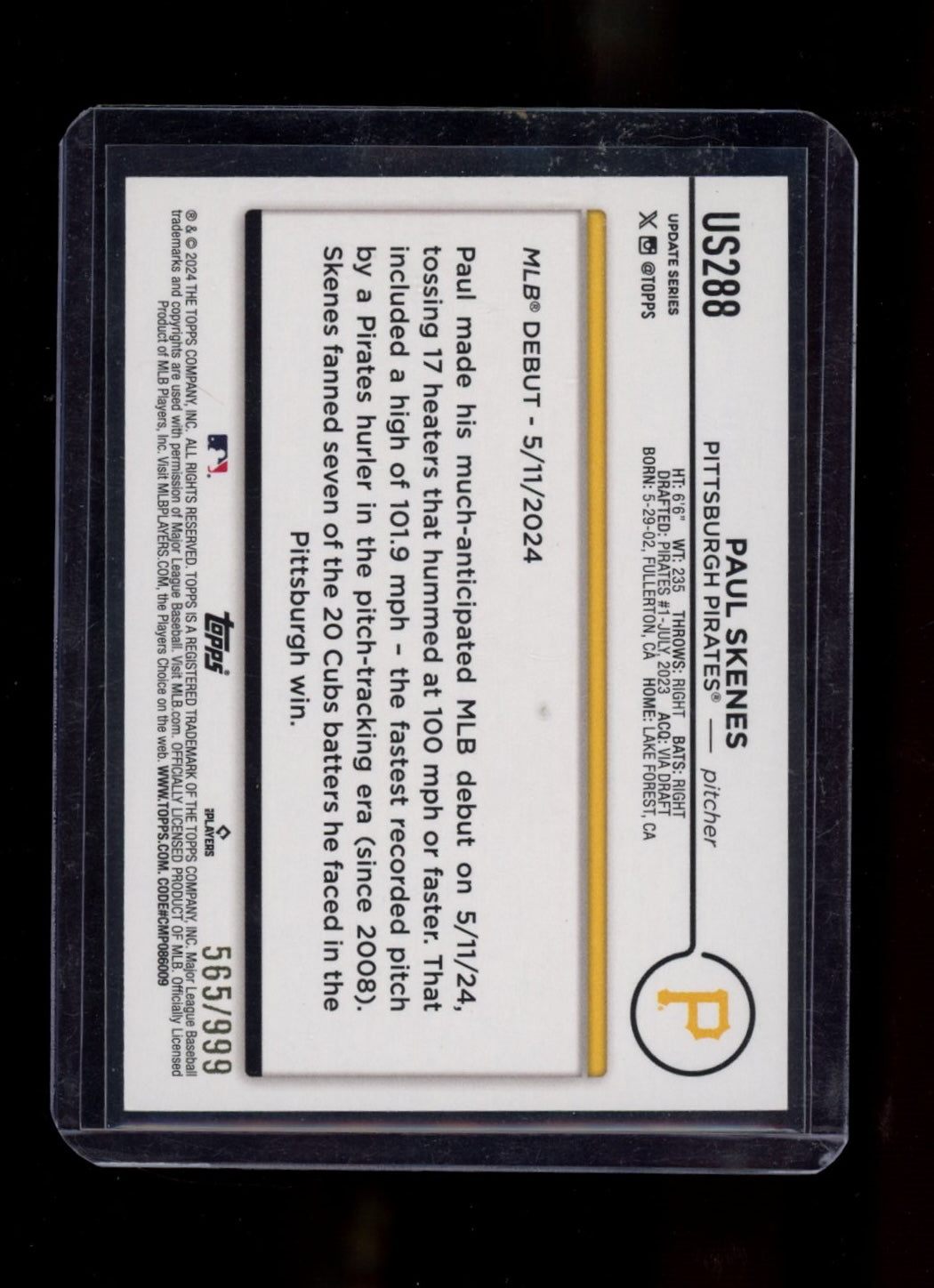 2024 Topps Update #US100 Paul Skenes Blue Holofoil #/999