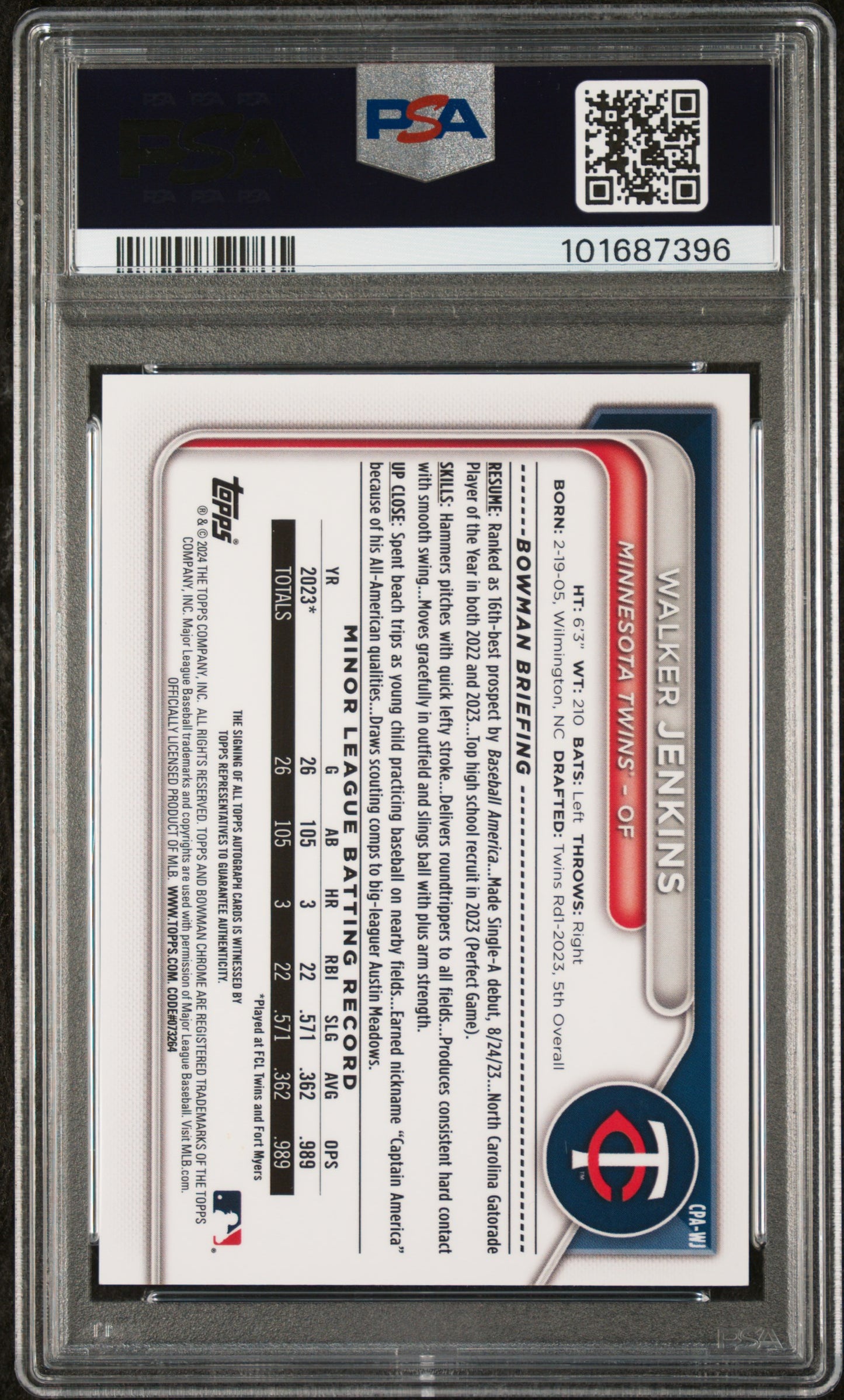 2024 Bowman Chrome Auto #CPAWJ Walker Jenkins Chr Prs Green PSA 9