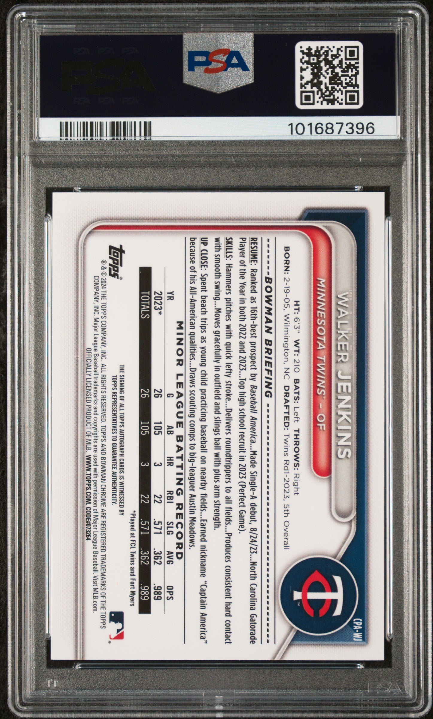 2024 Bowman Chrome Auto #CPAWJ Walker Jenkins Chr Prs Green PSA 9