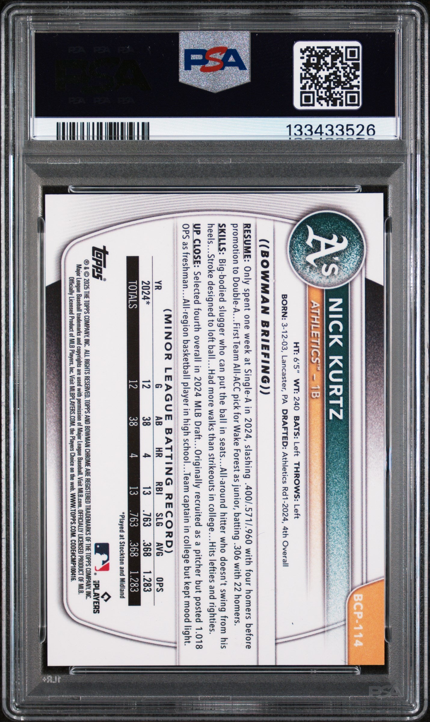 2025 Bowman Chrome Prospects #BCP114 Nick Kurtz Fuchsia PSA 10