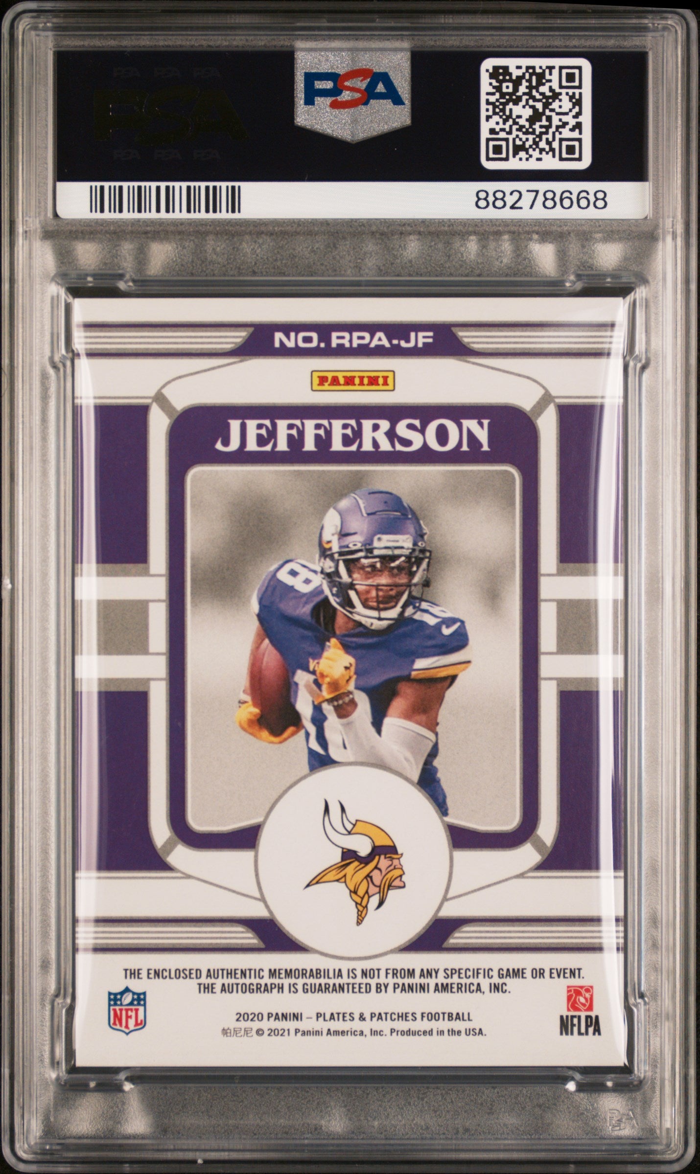2020 Panini P&P RPA #RPAJF Justin Jefferson RPA Purple /25 PSA 10 POP 2